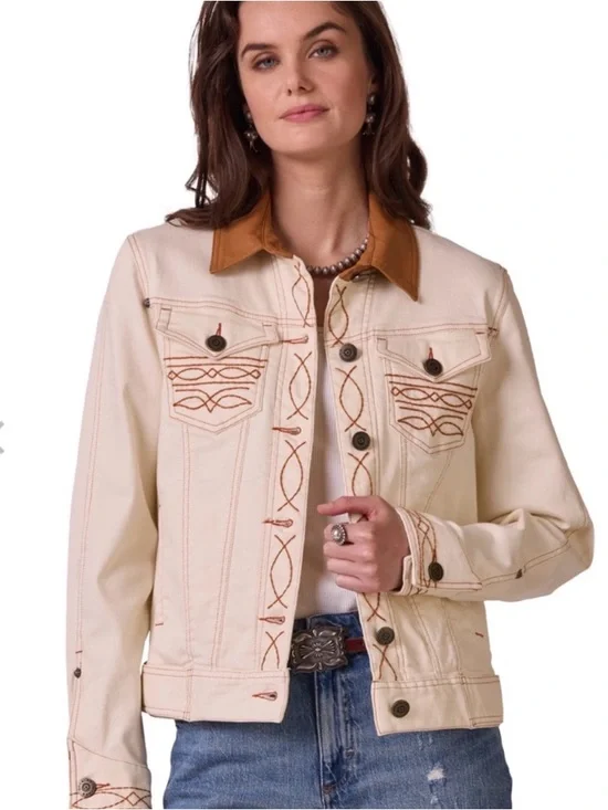 Double D Ranch Cream Jean Jacket with Embroidered Longhorn Back -Size Small NWT - Picture 2 of 10